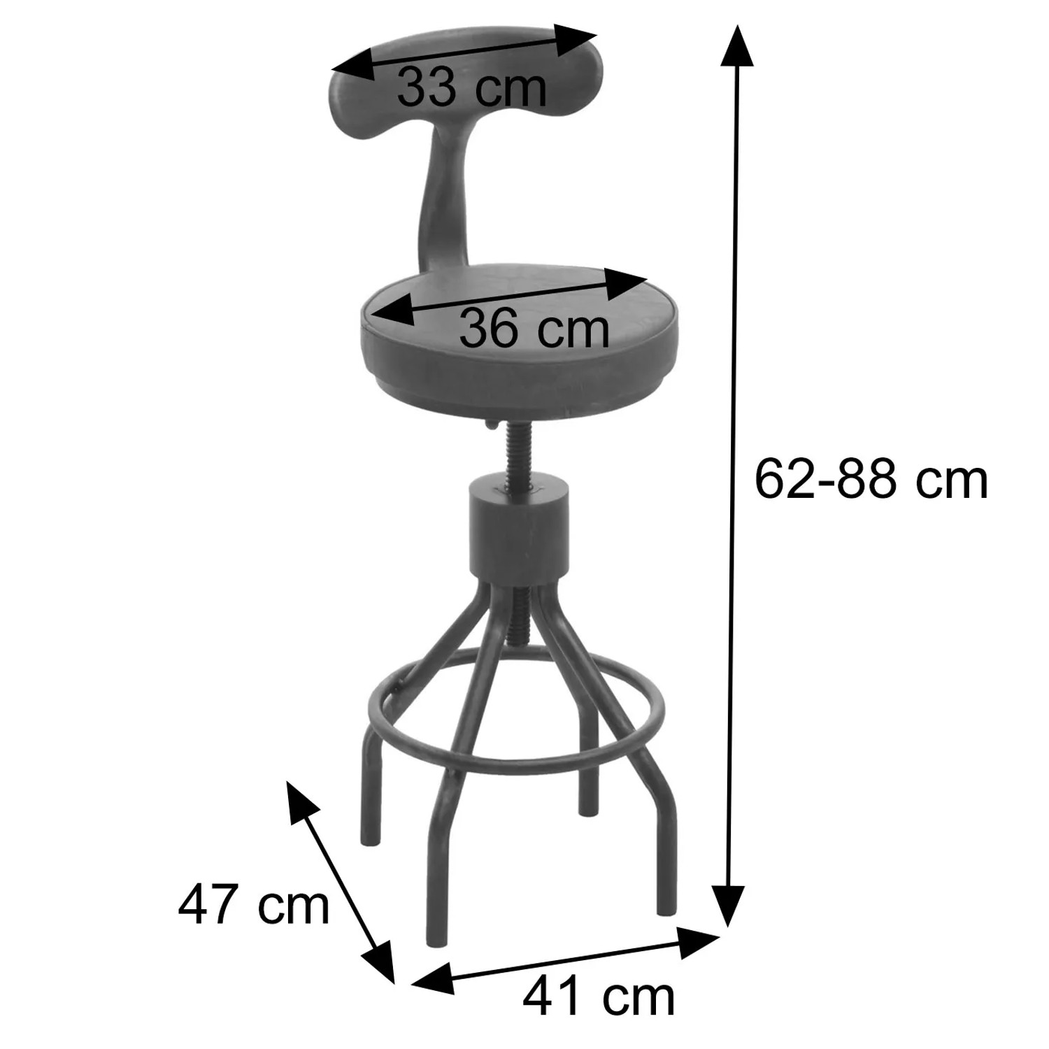 Brauner Barhocker im Industrie-Design, höhenverstellbar, mit Maßenangaben.
