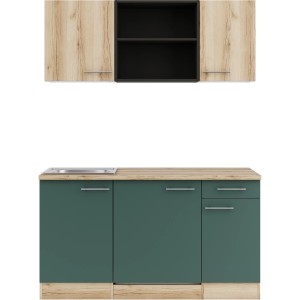 OPTIFIT Miniküche 150cm in Wildeiche/Steingrün mit Spüle und Kühlschrank.