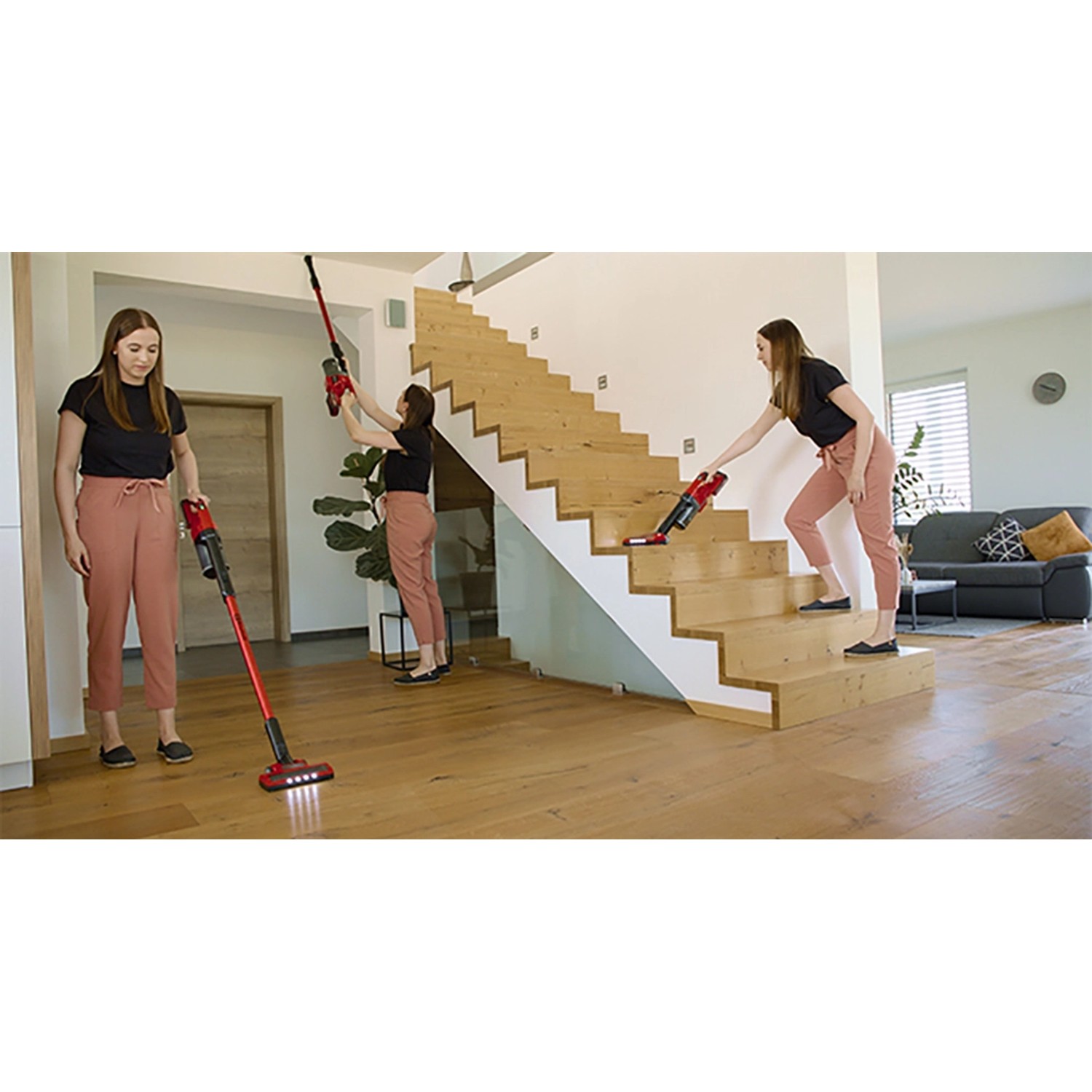 Einhell Akku-Staubsauger TE-SV 18 Li-Solo in Nutzung als Boden- und Handstaubsauger auf Treppe und Boden.