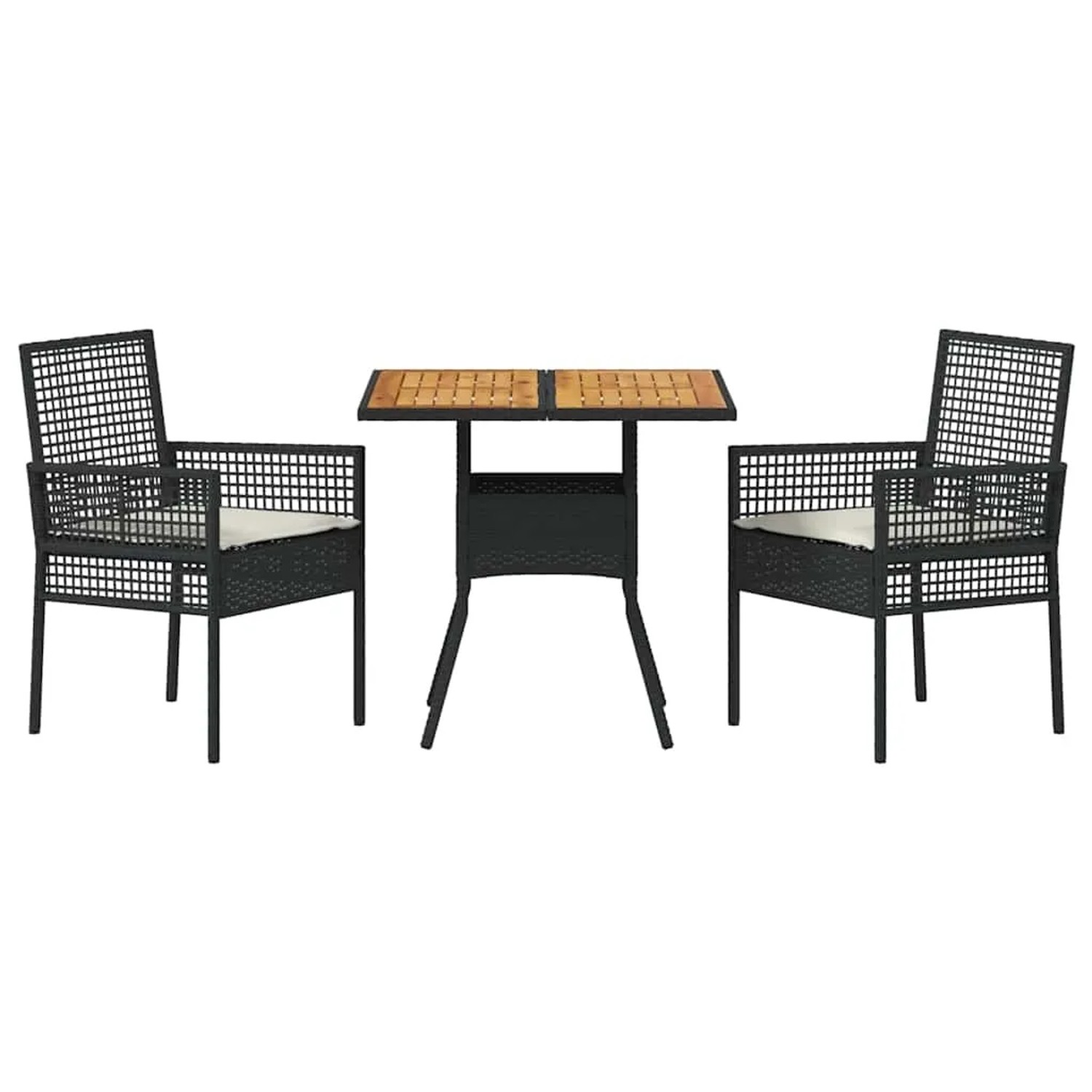Schwarze 3-tlg. vidaXL Garten Essgruppe aus Poly Rattan mit Tisch und zwei Stühlen.