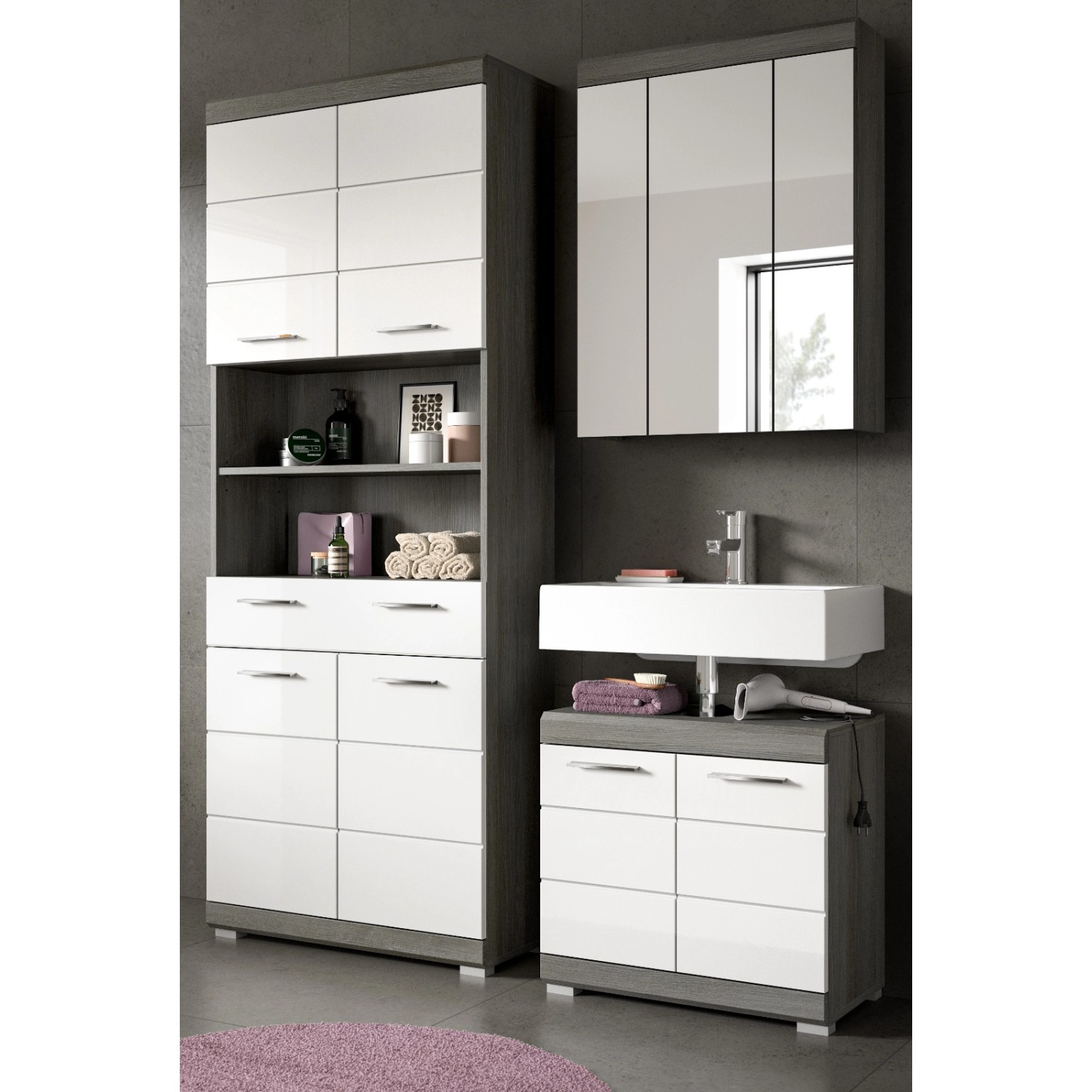 Inn.Furn Badmöbel Set in Weiß Hochglanz und Grau 3-teilig 149 cm Shawn günstig online kaufen