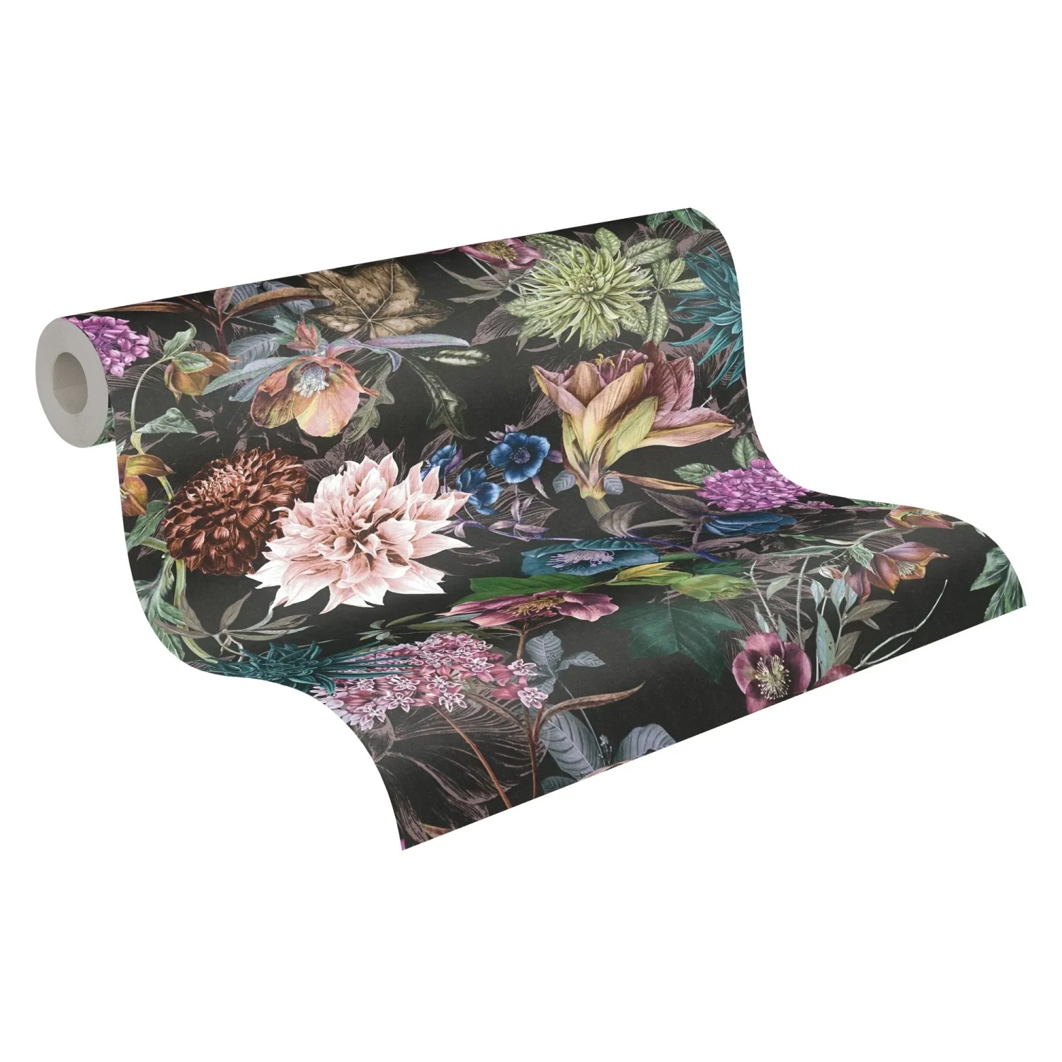 Vliestapete mit Blumenmuster in Schwarz und Grün. Dekorative Tapete mit floralem Design.