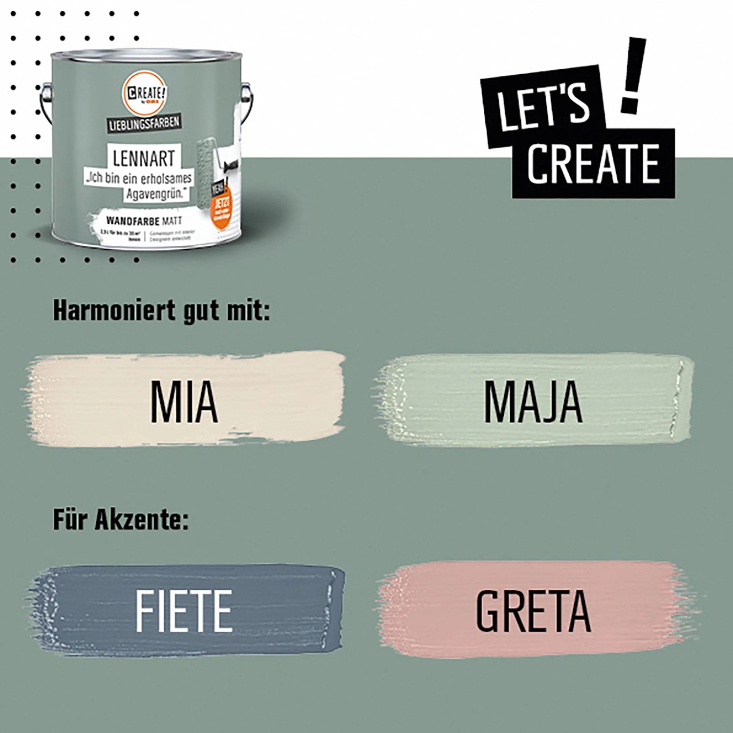 CREATE! by OBI Wandfarbe Agavengrün mit Farbkombinationen Mia, Maja, Fiete und Greta.
