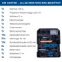 Scheppach WZT187 Werkzeugkoffer: Hammer, Wasserwaage, Maßband, Zwingen, Schere, Crimpzange und Befestigungsmaterial im Set.