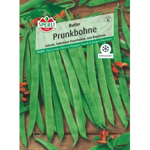 Samenpackung Sperli Prunkbohne Butler, grüne Bohnen und rote Blüten.