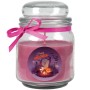 Lila Duftkerze im Glas mit Halloween-Motiv und Schleife, Brenndauer 70h.