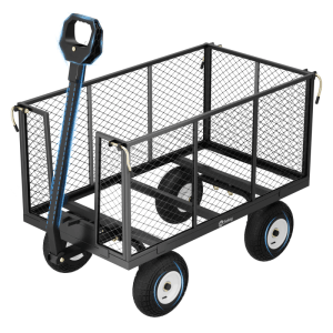 Schwarzer Sekey Garten Plattformwagen aus Metall mit Gitterseiten, abnehmbaren Seitenteilen und robusten Vollgummi-Reifen.