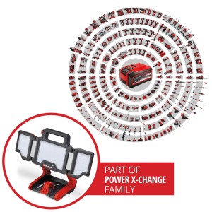 Einhell Akku-Lampe TP-CL 18/3.000 mit Power X-Change Akku und Geräteübersicht.