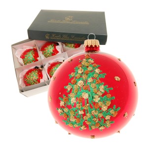 Weihnachtsbaumkugeln: 6er-Set rote Glaskugeln (8cm) mit Baummotiv von Krebs Glas Lauscha.
