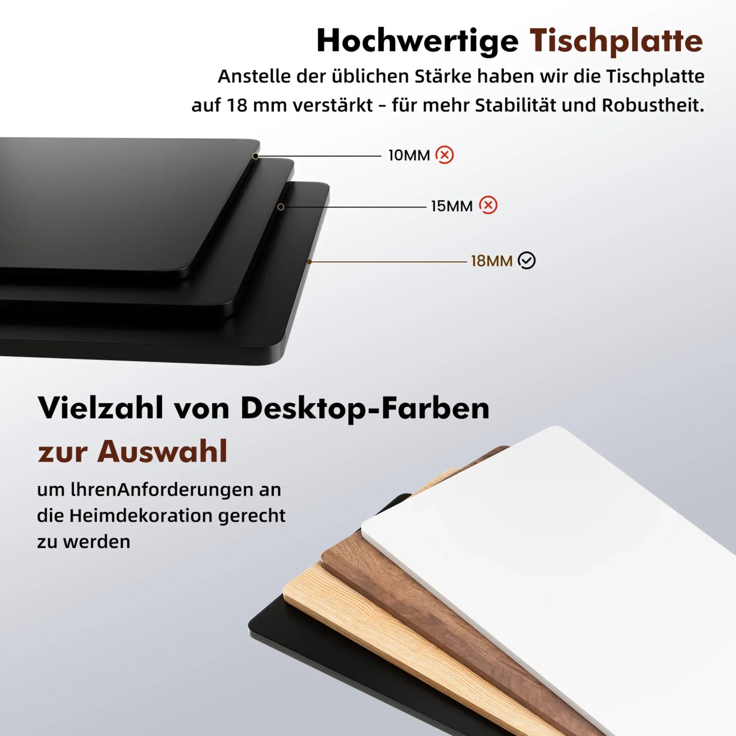 HOMAVO Schreibtisch: Tischplatten in verschiedenen Farben und Stärken im Detail.