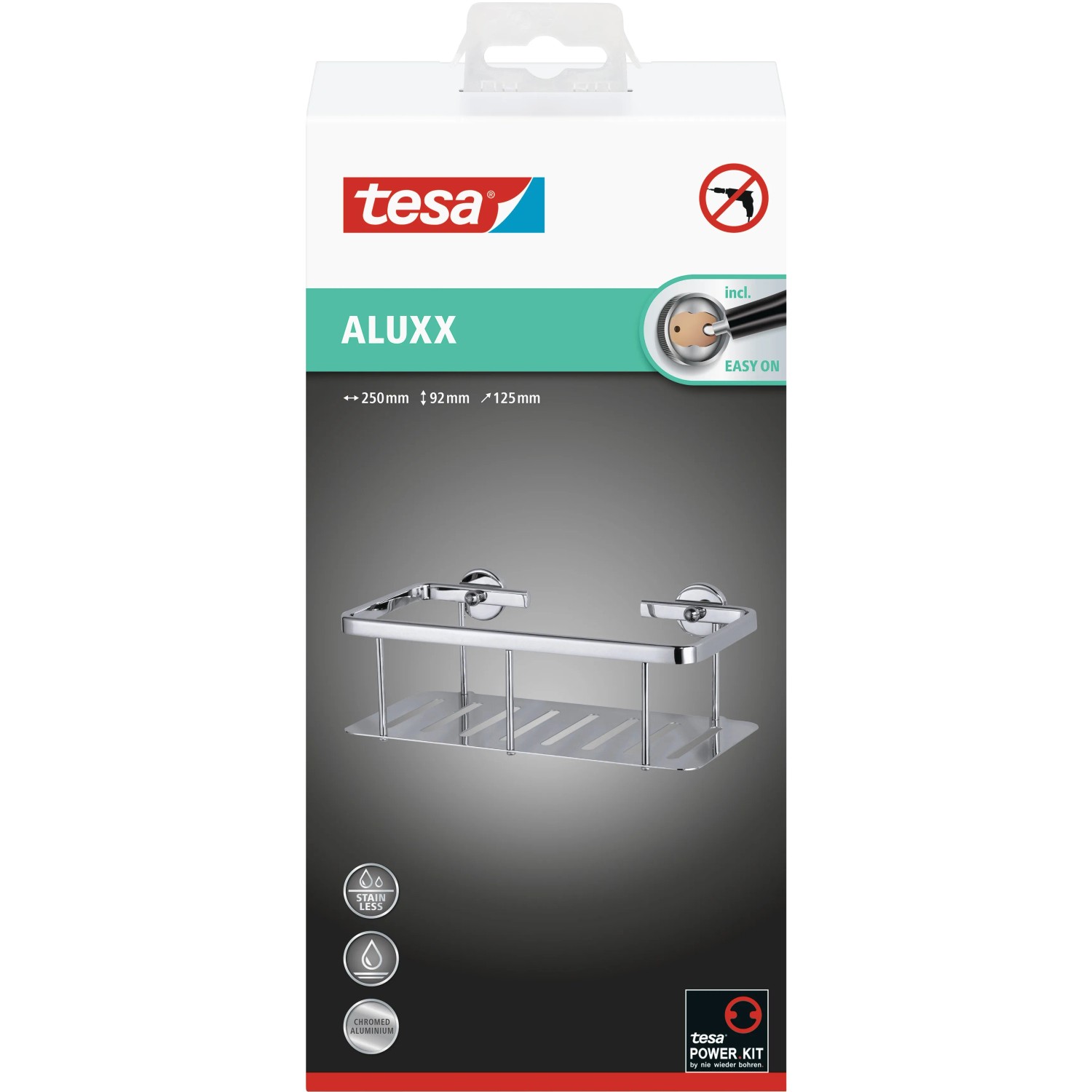 Tesa Aluxx Duschablage mit tiefem Boden, verchromtes Aluminium, zur Wandmontage ohne Bohren.