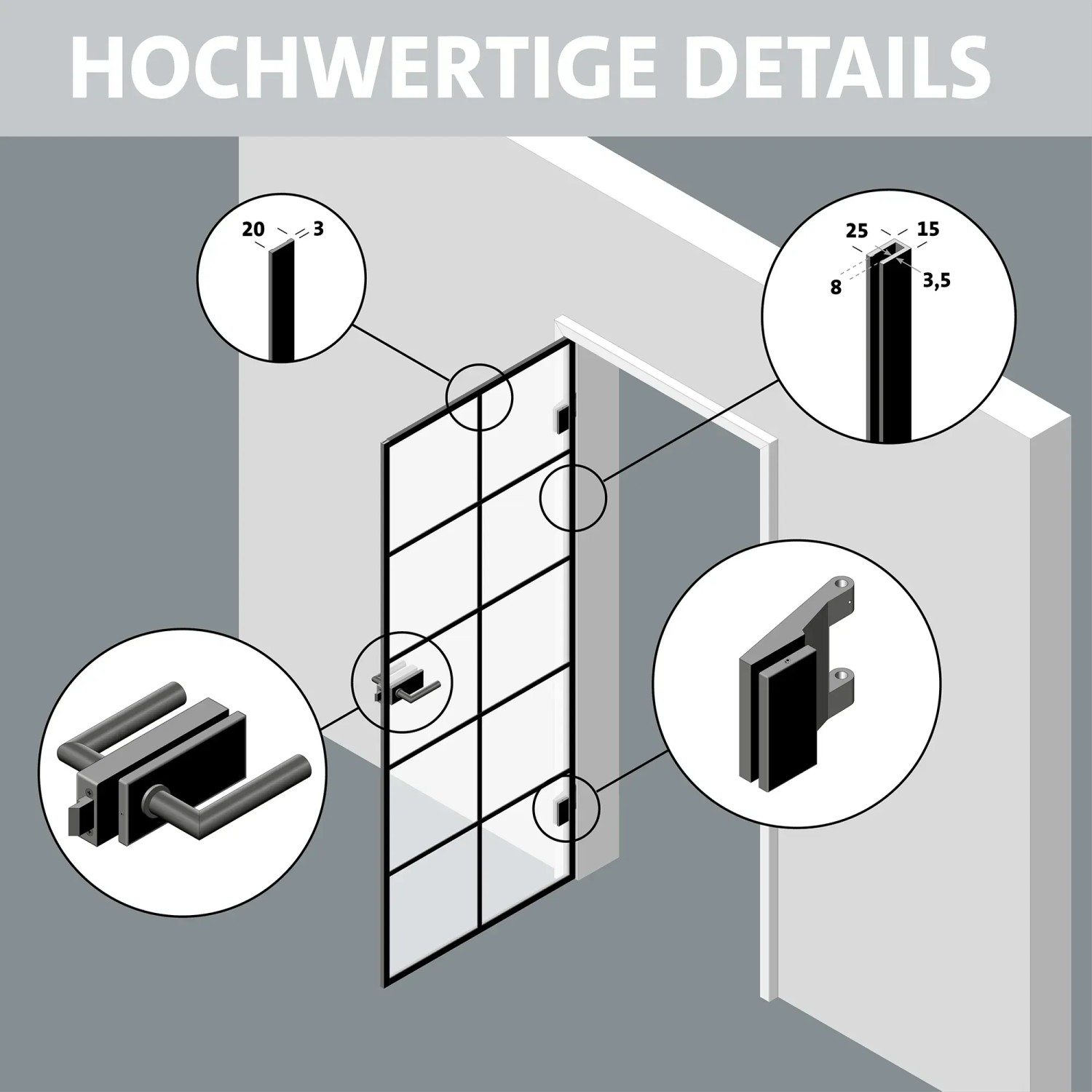 Detailansicht Skyscope Portal Drehtür-Set Slimwork Typ 8: Klarglas, schwarze Profile, Beschläge.
