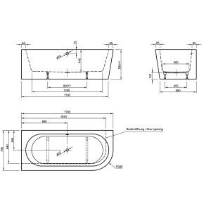Technische Zeichnung: Ottofond Whirlpool Rechts Modena Corner, Maße und Details zur Installation.