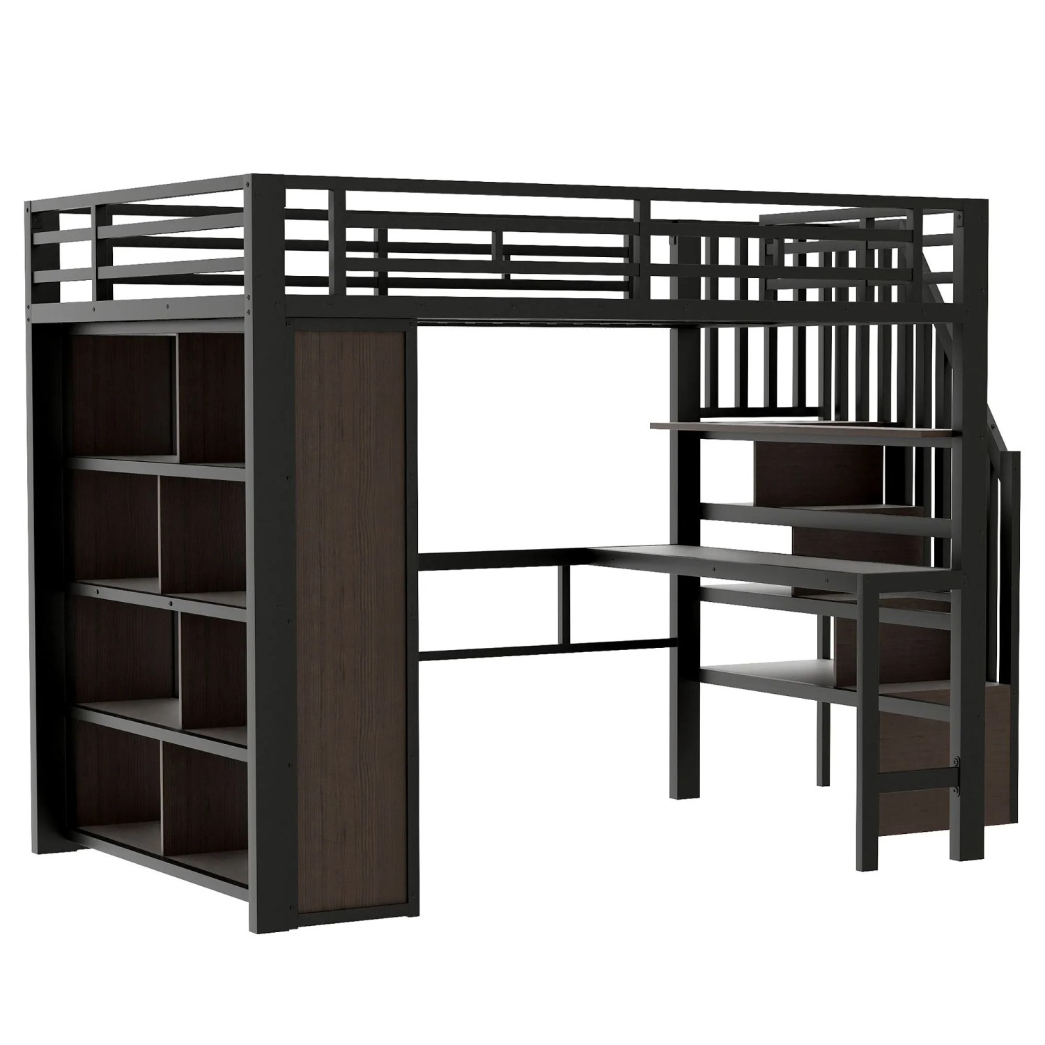 okwish Metall Hochbett 140x200cm mit Schreibtisch und LED Lichtleiste Schwarz ohne Matratze