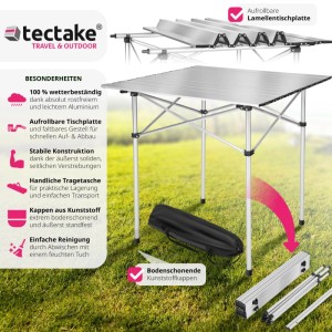 Tectake Campingtisch, klappbar, wetterfest, 70x70x70 cm, grau. Aluminium Tisch mit Tragetasche.
