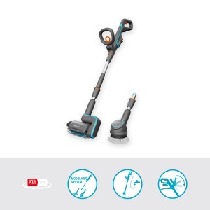 Gardena Akku-Multi-Reiniger AquaBrush Universal mit Walzen- und Tellerbürste.