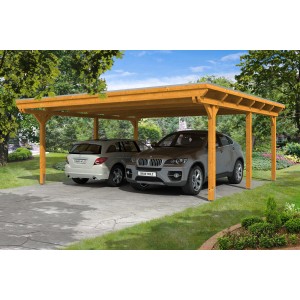 Skan Holz Doppelcarport Leimholz Eiche hell mit zwei parkenden Autos.