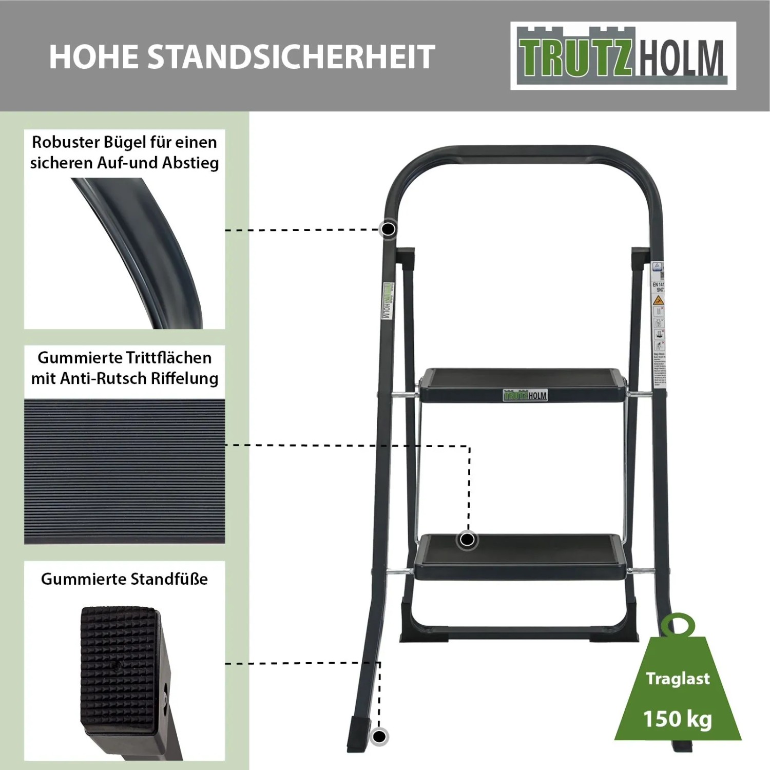 TRUTZHOLM Trittleiter mit 2 Stufen, klappbar, anthrazit, mit Anti-Rutsch-Trittflächen und einer Traglast von 150 kg.