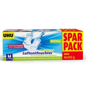Uhu Luftentfeuchter Nachfüllpack, 4x450g, neutral. Zur Reduzierung der Luftfeuchtigkeit in Innenräumen.
