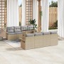 Beiges 9-teiliges vidaXL Garten-Sofa-Set aus Poly Rattan mit Kissen und Tisch.