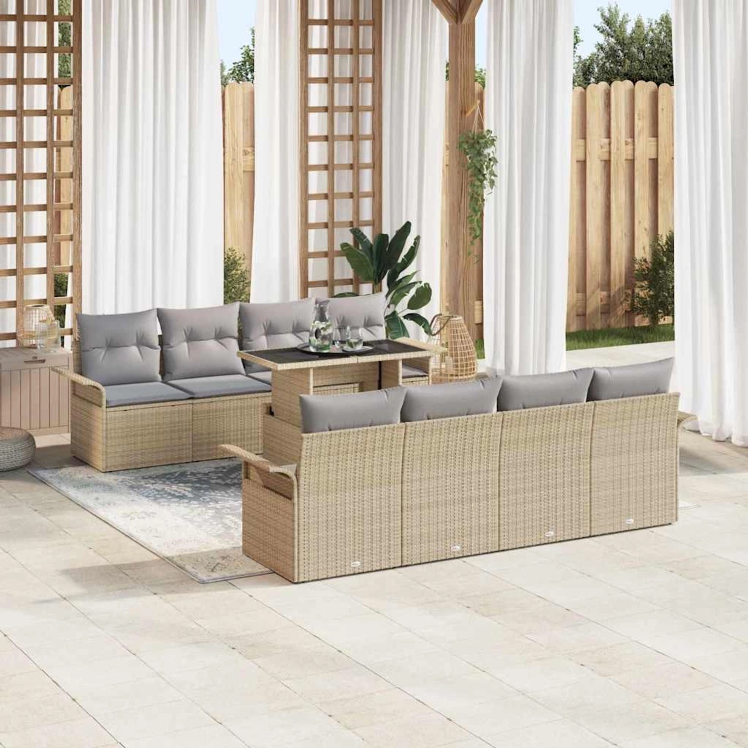 Beiges 9-teiliges vidaXL Garten-Sofa-Set aus Poly Rattan mit Kissen und Tisch.