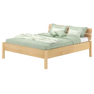 Metallfreies Holzbett aus Esche, 160x200 cm, mit Lattenrost und grüner Bettwäsche.