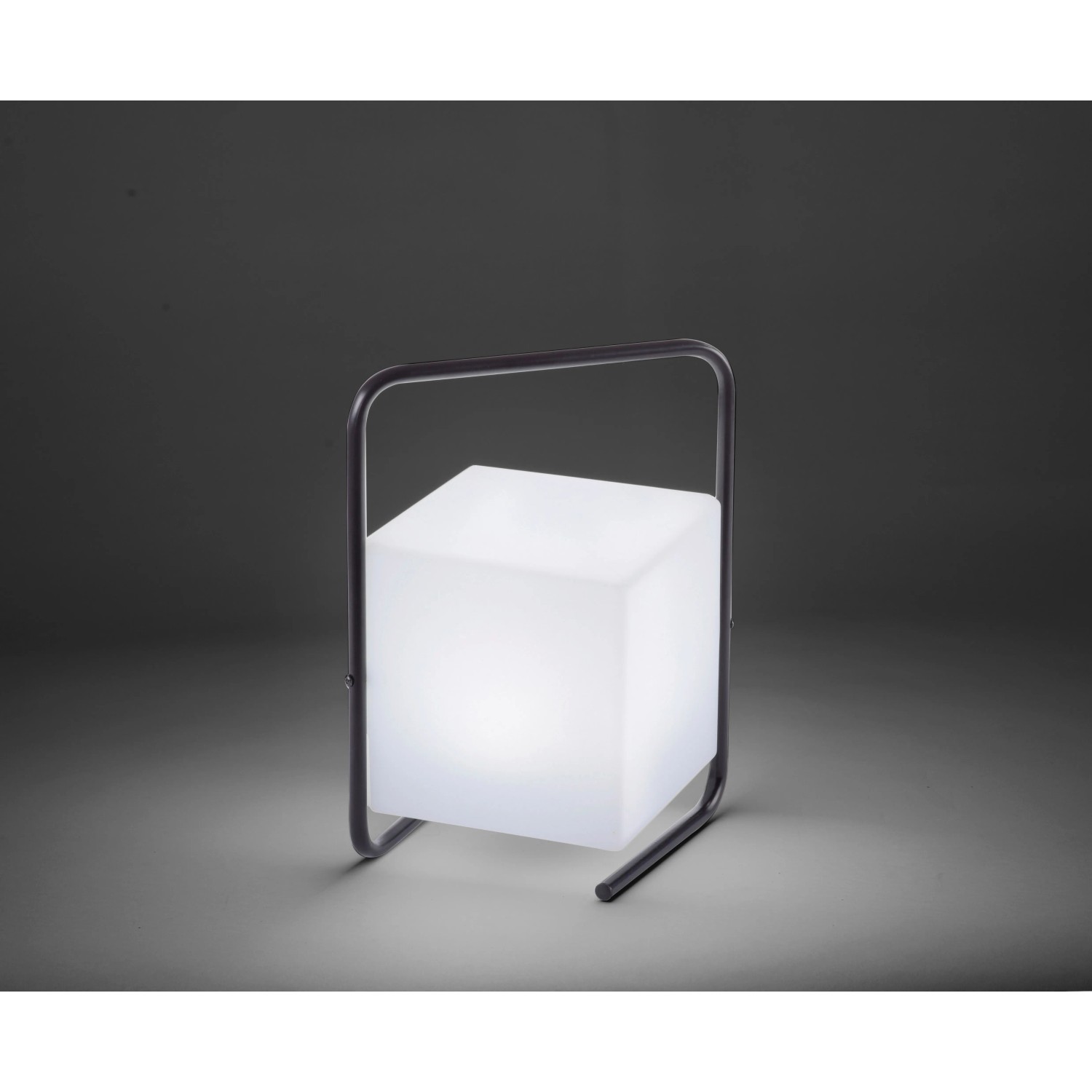 Just Light LED-Tischleuchte Keno, schwarz, 29cm hoch. Dekorative Außenleuchte mit würfelförmigem Lampenschirm.