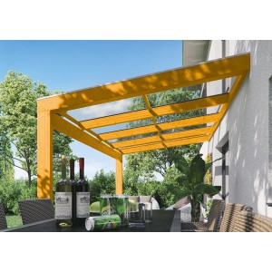 Skan Holz Terrassenüberdachung Novara, 450x259 cm, Eiche hell, mit klarer Polycarbonat-Dacheindeckung.