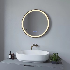 Runder LED-Wandspiegel, 60 cm, mit schwarzem Aluminiumrahmen, Touchschalter, dimmbar und Antibeschlag.