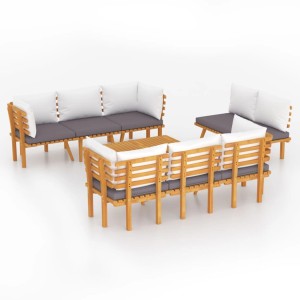 vidaXL 8-tlg. Garten-Lounge-Set aus Akazienholz mit grauen Sitz- und weißen Rückenkissen.
