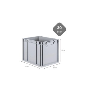 Graue PROREGAL Eurobox NextGen, 30 Liter, mit Scharnierdeckel und roten Verschlüssen. Abmessungen: 32x30x40 cm.