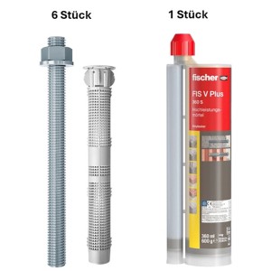 Fischer Schwerlastset: 6 Gewindestangen, Siebhülsen, Mörtel für Sonnenschutz-Befestigung.