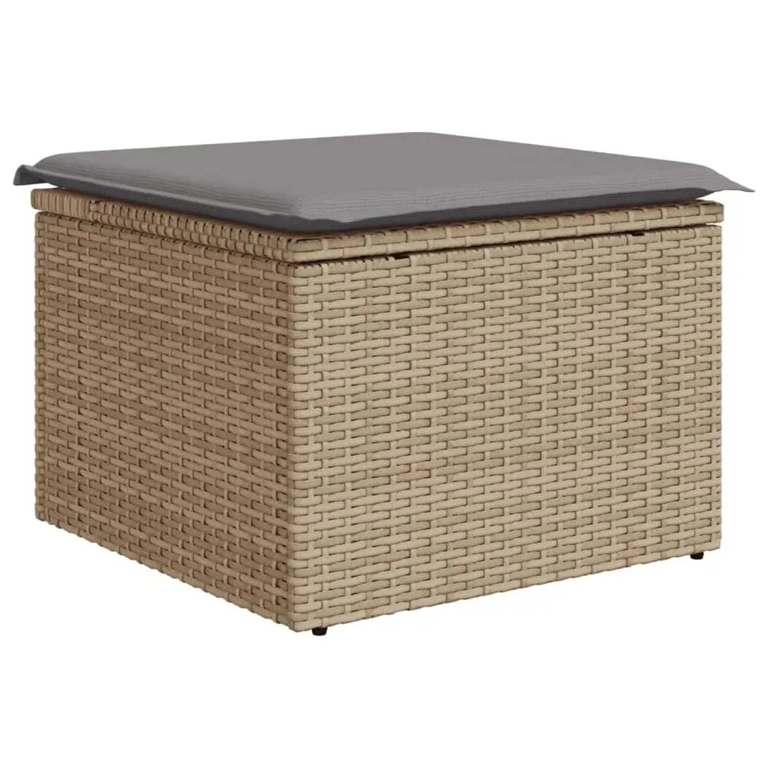 Beiger vidaXL Gartenmöbel-Hocker aus Rattan mit grauem Kissen. Teil einer Sofagarnitur.