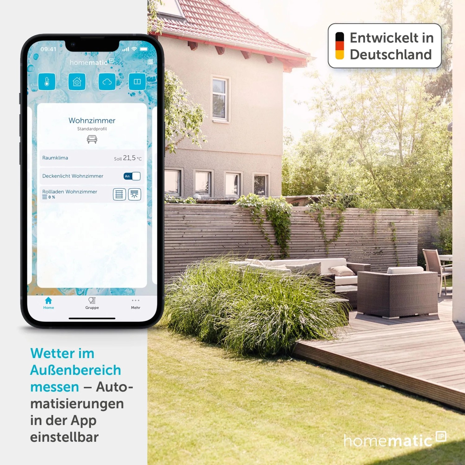 Homematic IP App auf Smartphone zeigt Wetterdaten und Hausautomation im Garten. Smart Home Steuerung.