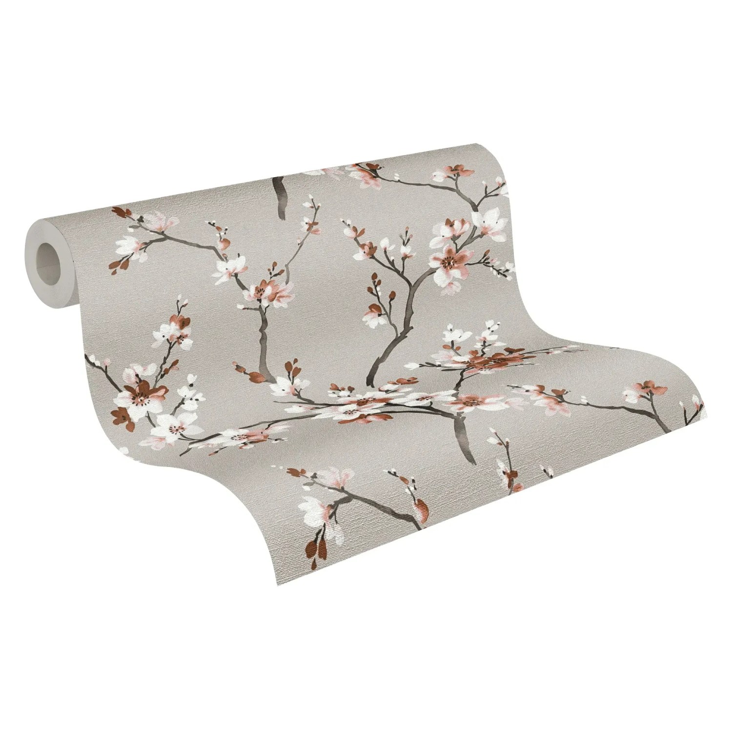 Vliestapete mit Blumenmuster in Grau und Braun, leicht strukturiert und matt.