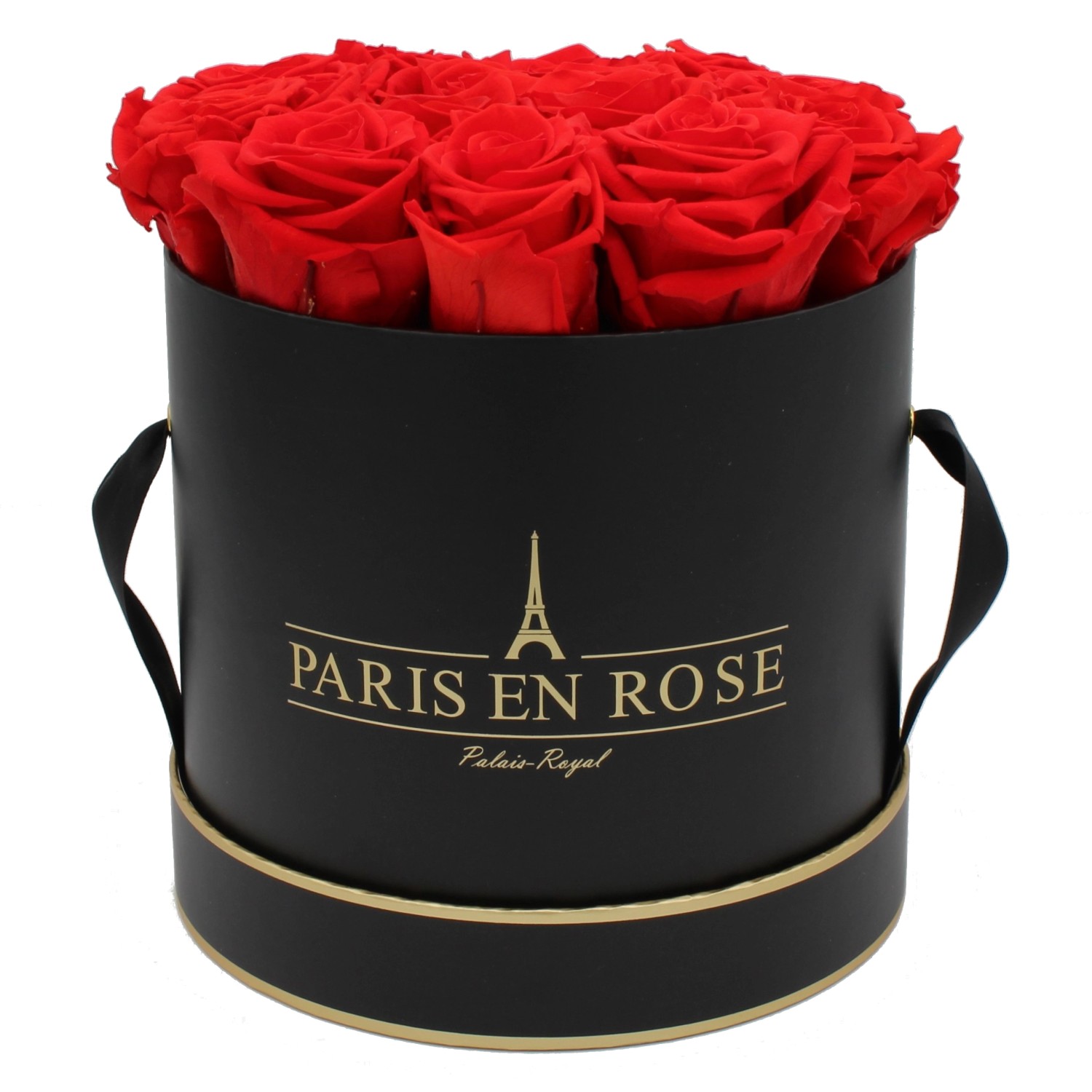 Rosenbox Ø 19 cm Schwarz- Gold mit 14 Roten Rosen