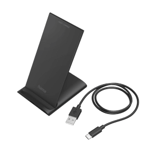 Schwarzes Hama Wireless Charger Ladepad mit USB-Kabel für kabelloses Laden.
