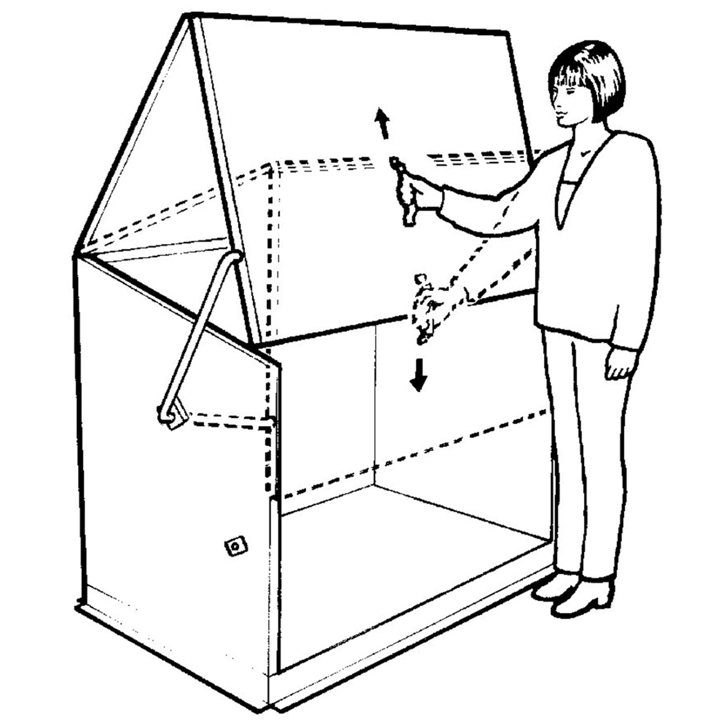 Skizze einer Trimetals Aufbewahrungsbox Storeguard, geöffnet, mit Bedienungsanleitung.
