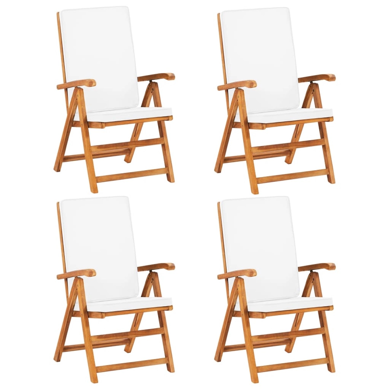 5-tlg. Garten-Essgruppe aus Teakholz mit cremeweißen Kissen, bestehend aus 4 Stühlen und 1 Tisch.