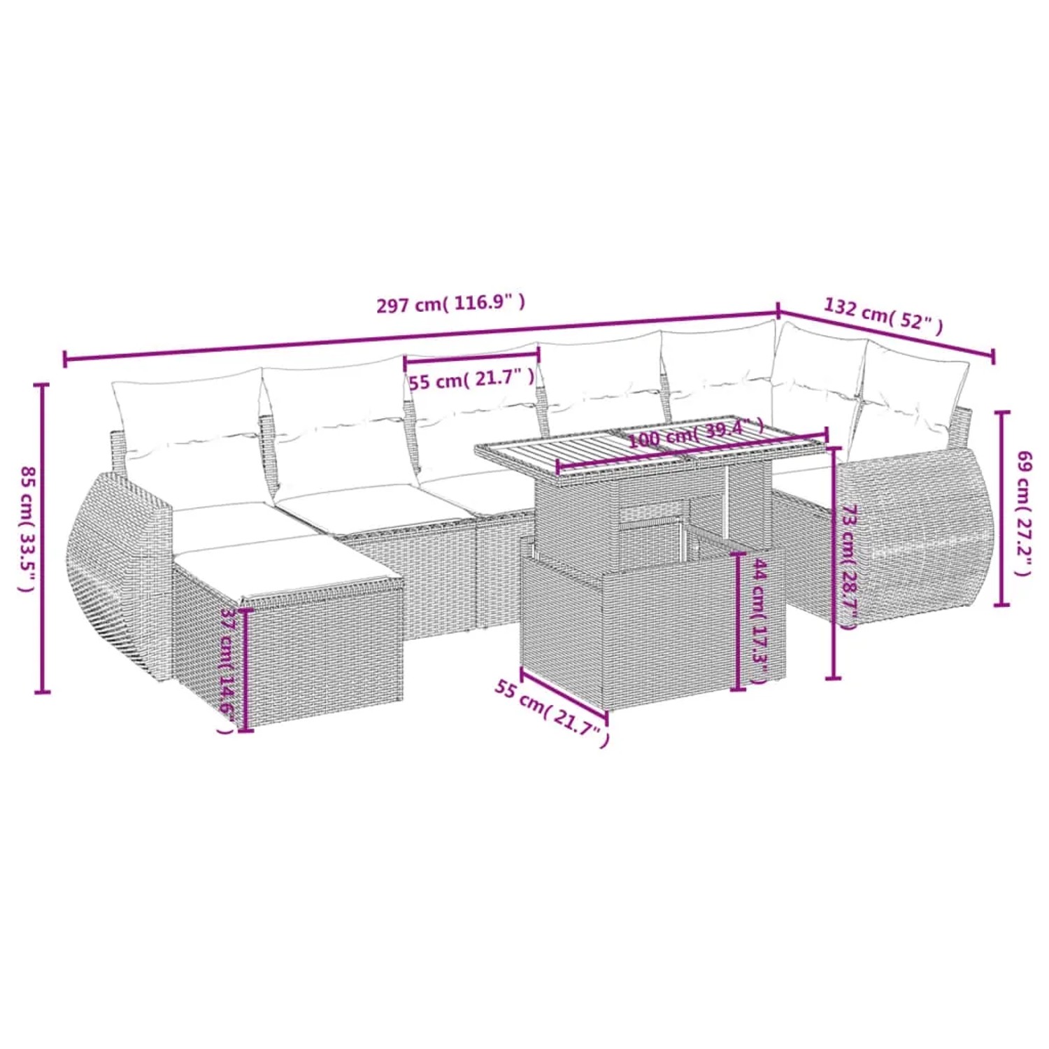 vidaXL 8-tlg. Garten-Sofagarnitur aus Rattan, schwarz, mit Maßen. Gartenmöbel-Set mit Sofa, Tisch und Hockern.