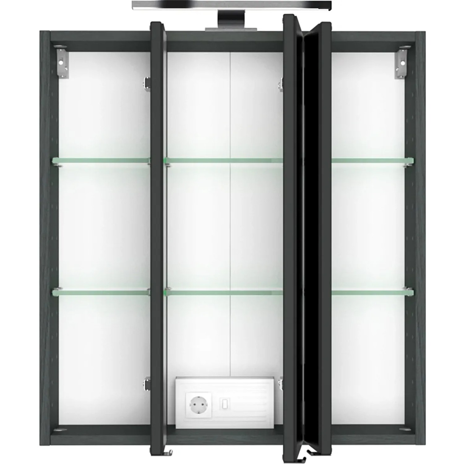 Offener Held Möbel Spiegelschrank Bari, 60 cm, Wotaneiche/Graphitgrau, mit LED-Lampe und Steckdose.
