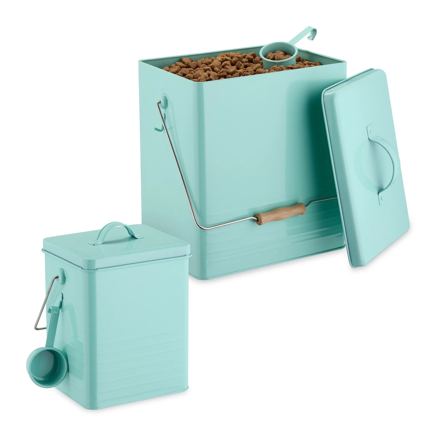 Relaxdays Futterbox 2er Set Eisen Bambus Kunststoff Türkis Luftdicht Mit Löffel 36,5 cm x 21 cm x 28,5 cm 26 cm x 16,5 cm x 19 cm