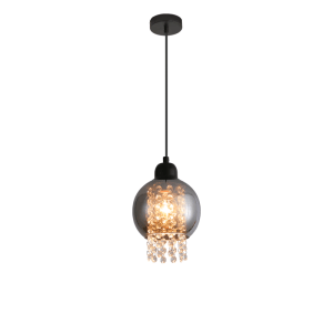 Moderne NETTLIFE Pendelleuchte mit rauchgrauem Glas, funkelnden Kristallanhängern und E27 Fassung für Esstisch & Wohnzimmer.