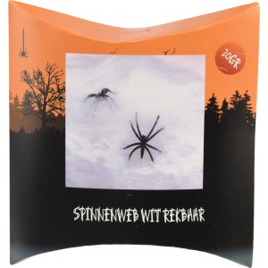 Spinnennetz dehnbar mit 2 schwarzen Spinnen als Halloween Deko.