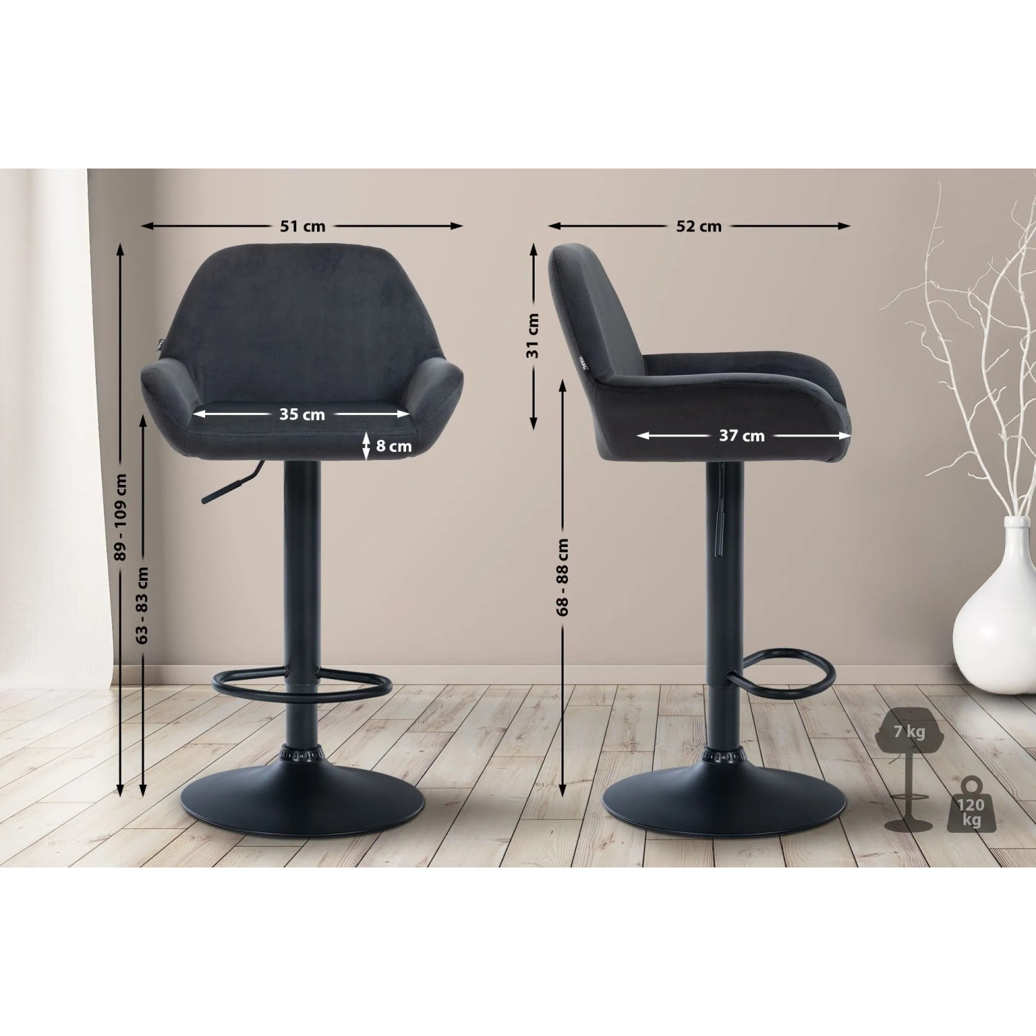 DELUKE Barhocker DUBLIN, schwarz, Samt, mit Lehne und Fußstütze, höhenverstellbar.