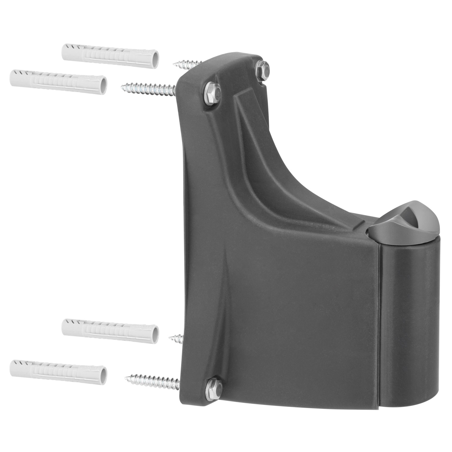 Graue Geka Schlauchbox K25 Wandhalterung mit Schrauben und Dübeln für Gartenschlauchwagen.