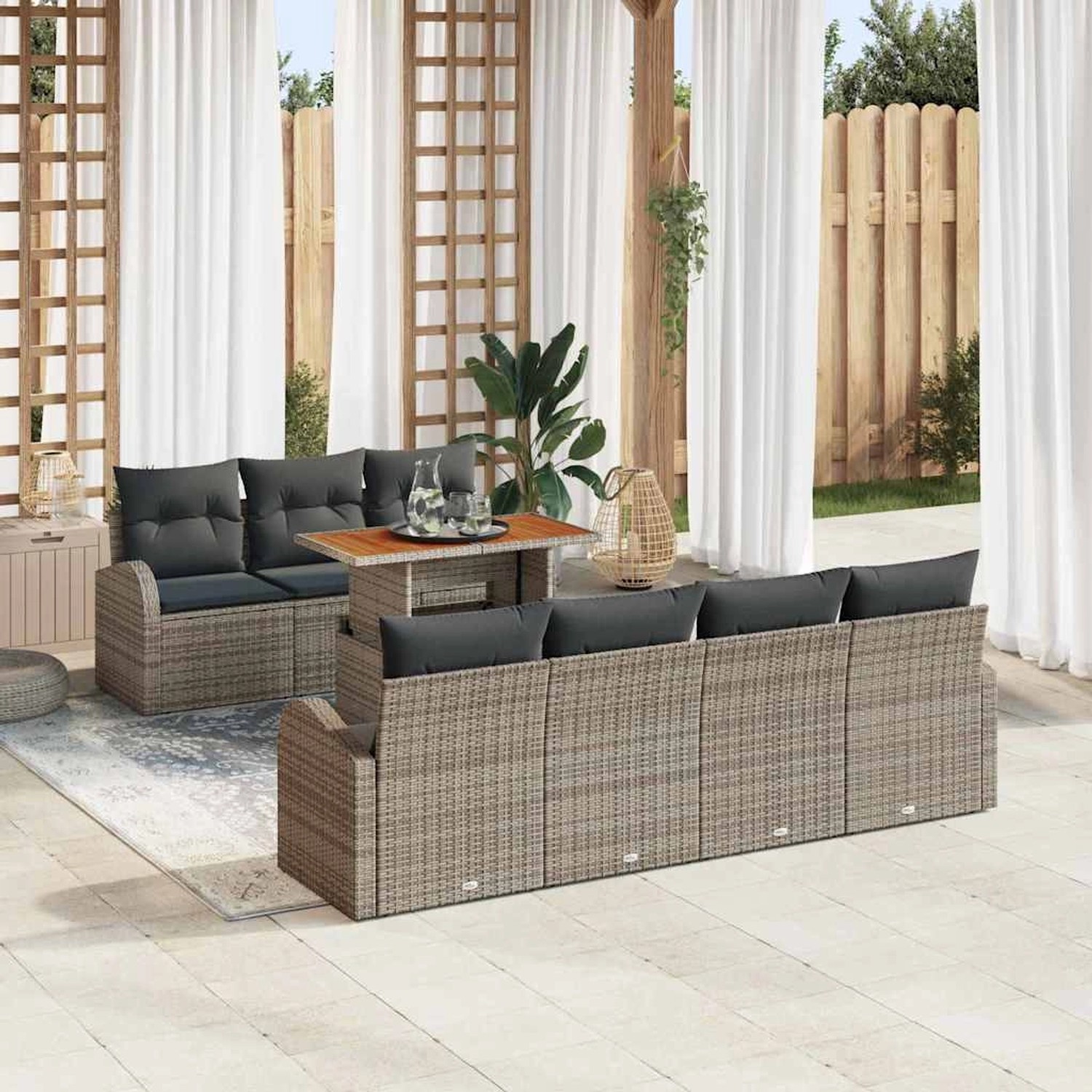 Graues 8-tlg. vidaXL Garten-Sofa-Set aus Poly Rattan mit Tisch und Stauraum.