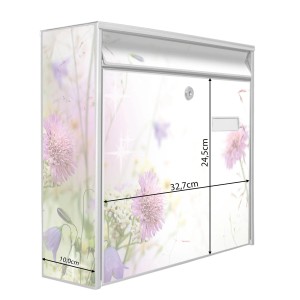 Silberner Banjado Briefkasten mit Blumenmotiv 'Glitzernde Wiese', inkl. Montagematerial und 2 Schlüsseln.