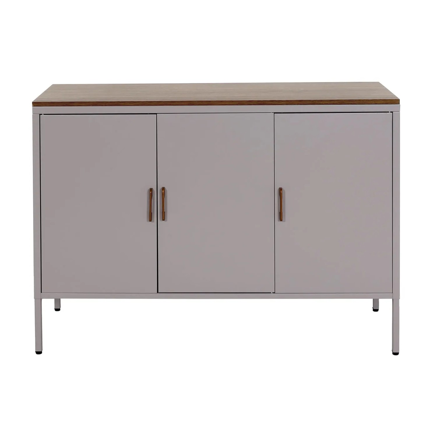 Graue MCW Kommode L84-3 mit 3 Türen und Holzplatte. Schubladenkommode mit Stauraum.