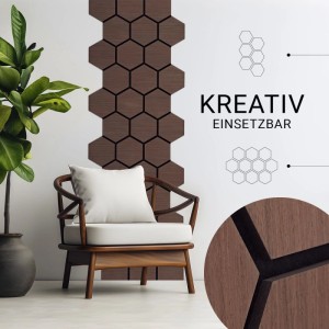Homestyle4u Akustikpaneele: Braune Hexagon-Wandpaneele in Holzoptik an der Wand, mit Sessel. Detailansicht der Struktur.